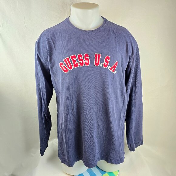 Vintage Guess Jeans T Shirt Mens XL Blue Embroidered Made in USA Long Sleeve - Picture 1 of 9